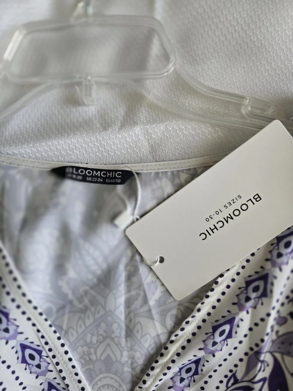 NWOT BloomChic White Midi Dress with Purple Design Sz 18/20